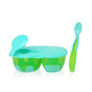 Bol double antidérapant avec couvercle et cuillère – Kiokids – Bleu/Vert