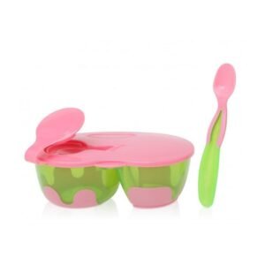 Bol double antidérapant avec couvercle et cuillère – Kiokids – Rose/Vert